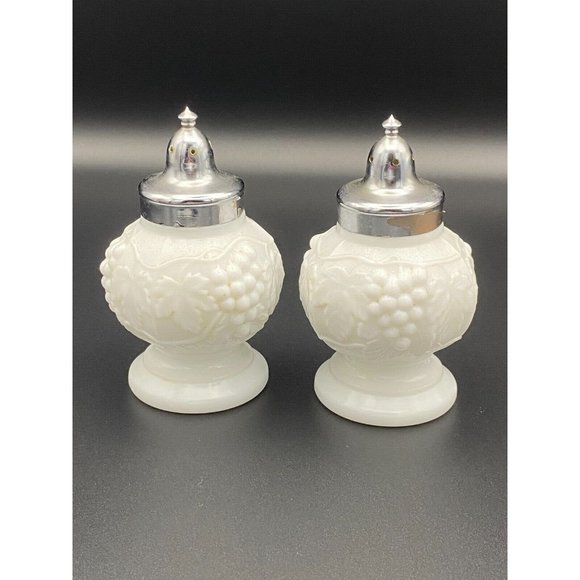 Imperial Milk Glass Salt & Pepper Shaker Set - Grape & Leaf Pattern - Picture 1 of 10